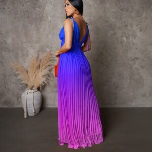 Blue - V-Neck Pleated Long Dress