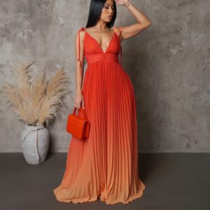 Orange - V Neck Pleated Long Dress