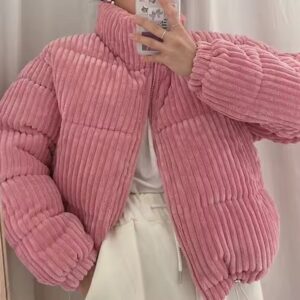 Pink-Corduroy Puffer Jacket